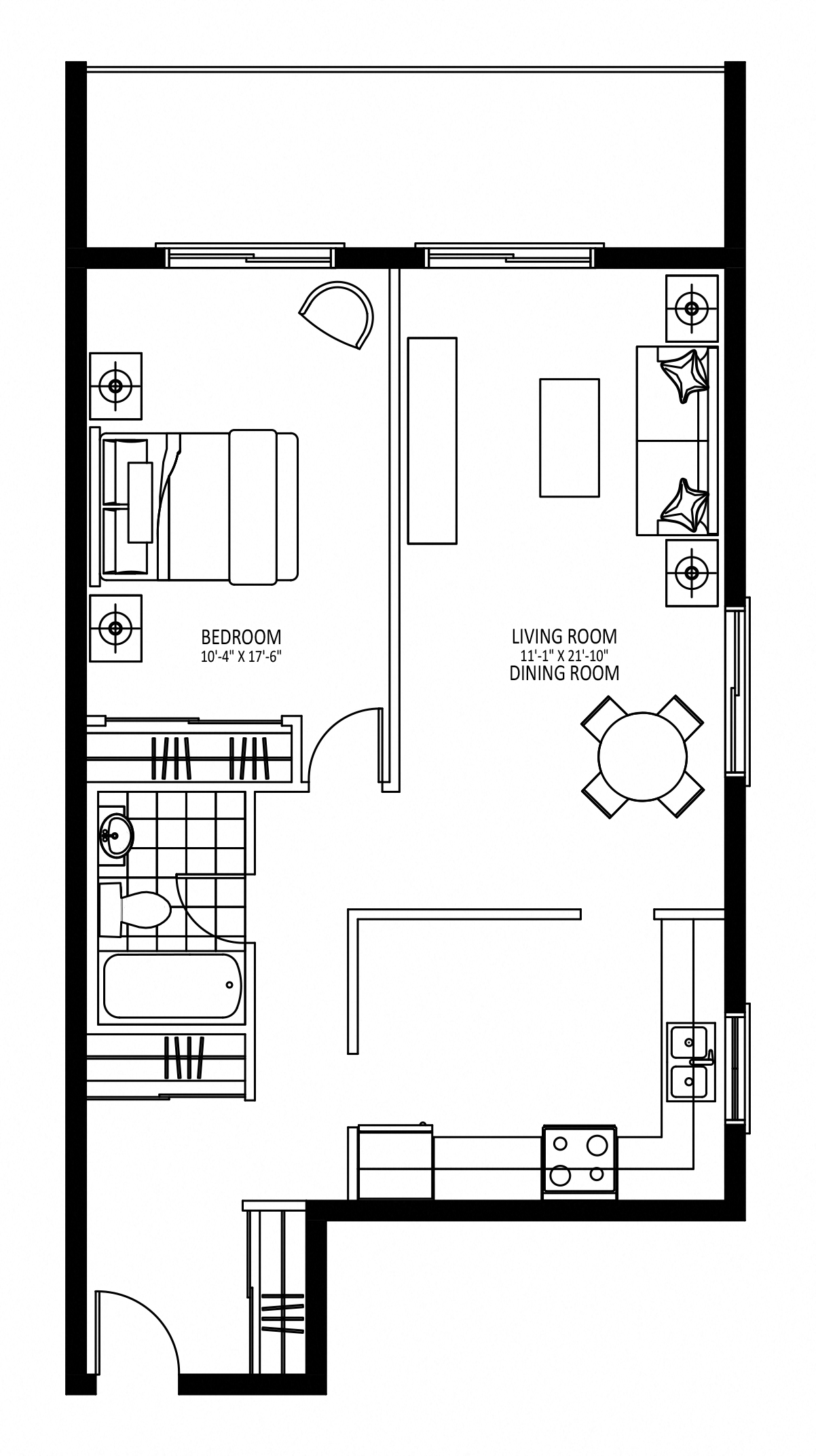 Floor plan for 1 bed, 1 bath, 744 sqft